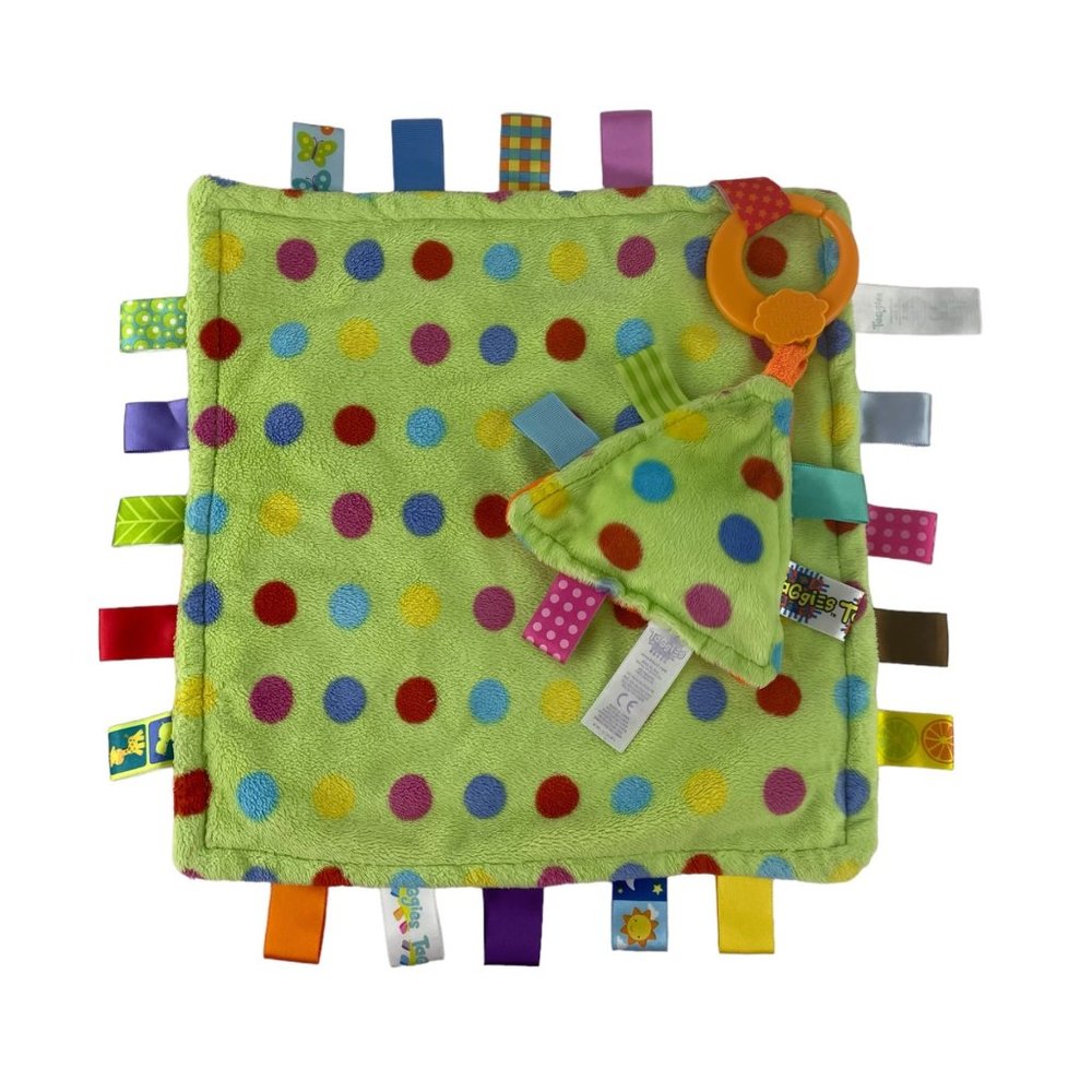 Taggies Green Orange Polka Dot Lovey Baby Security Blanket Squeeker Hanging Toy